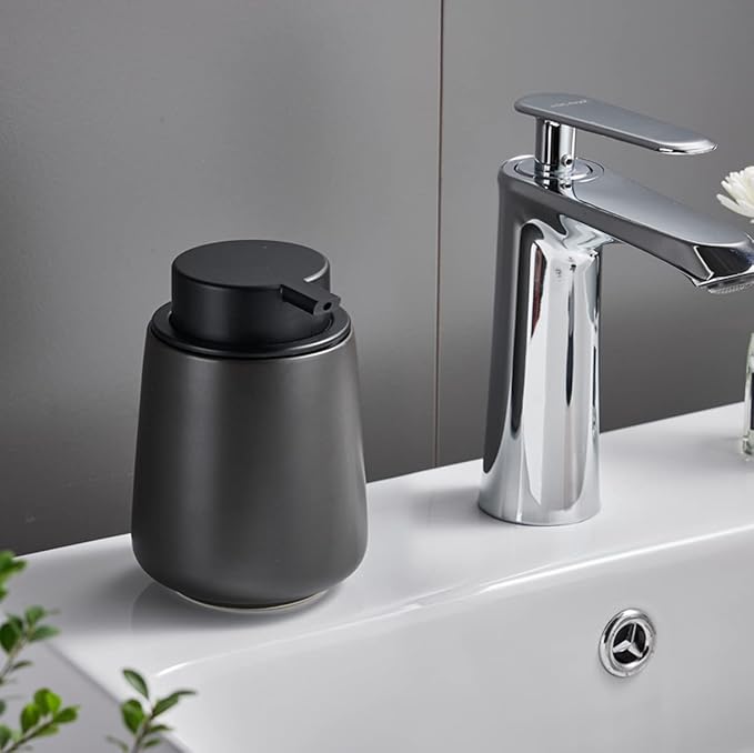 12Oz Foam Hand Soap Dispenser - Black Foaming Soap Dispenser Bathroom with Easy-to-Press Pump, Refillable Liquid Lotion Hand Soap Dispenser, Ceramic Kitchen Dish Soap Dispenser Hand Wash Dispenser