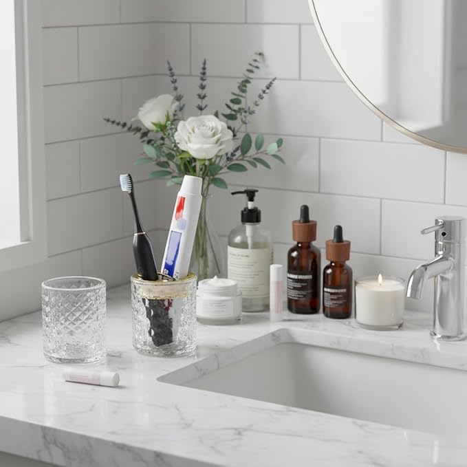 2pcs Clear Glass Toothbrush Holder, Bathroom Tumbler Cups and Toothpaste Holder Set, Tooth Brush Cup Organizer with Gold Divider, Bathroom Toothbrush Cup for Countertop Decor