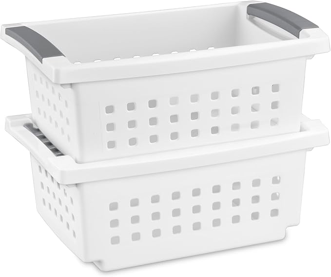 Sterilite 16608008 Small Stacking Basket with Vertical Stacking Functionality and Titanium Accents for Organization in Home or Office, White (16 Pack)