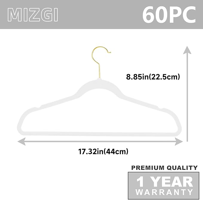 MIZGI Premium Velvet Hangers Pack 60 Pcs Heavyduty - Non Slip Slimline - Velvet Suit Hangers White - Gold Hooks,Space Saving Clothes Hangers