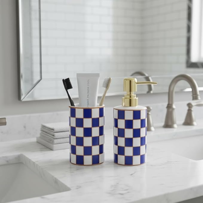 Bathroom Toothbrush Holder Set, Ceramic Checkered Soap Dispenser and Tooth Brush Holder Set, Modern Bathroom Accessories Sets Countertop, Black and White Checkered Bathroom Decor Set (Blue)