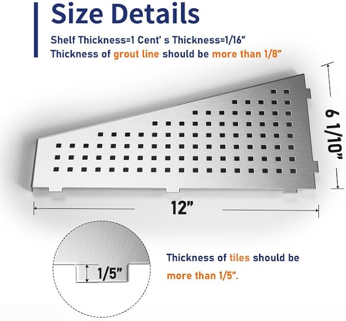 Bernkot Corner Shower Shelf, Brushed 12" Trapezoid Floating Shelf, 304 Stainless Steel Grid Design Recessed Bathroom Shelf for Tiled Wall, No Drilling