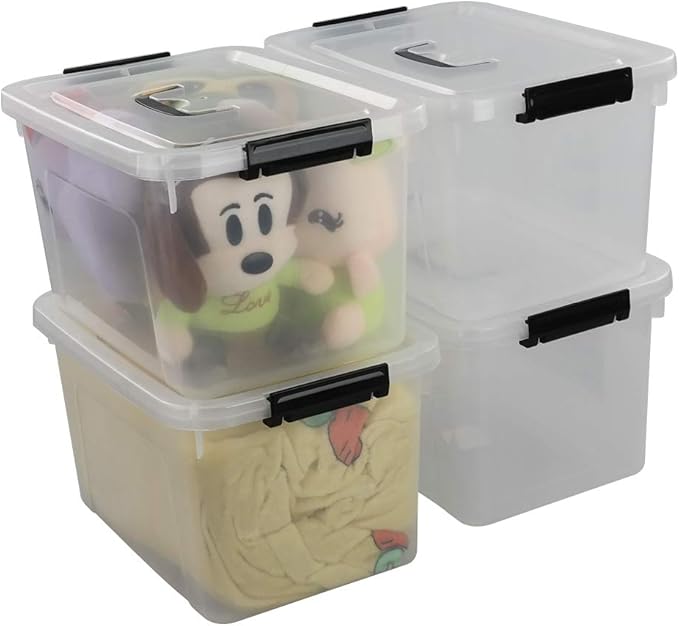 Begale 10.5 Quart Plastic Medium Storage Container, Clear Latch Bin with Handle and Lid, 4-Pack