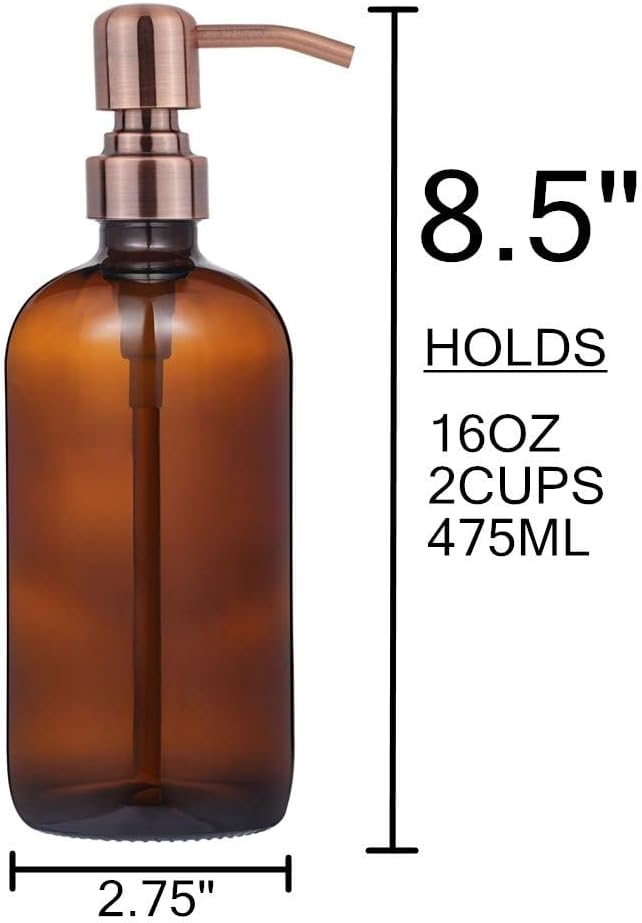 2 Pack Thick Amber Glass Pint Jar Soap Dispenser with Copper Stainless Steel Pump, 16ounce Boston Round Bottles Dispenser with Rustproof Pump for Essential Oil, Lotion Soap