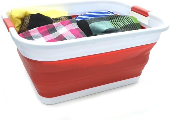 SAMMART Set of 2-41L(10.8 gallon) Collapsible Plastic Laundry Basket-Pop Up Storage Container-Portable Washing Tub-Space Saving Hamper/Basket, Water capacity:32L(8.4 gallon) (2 Rectangular, Red)