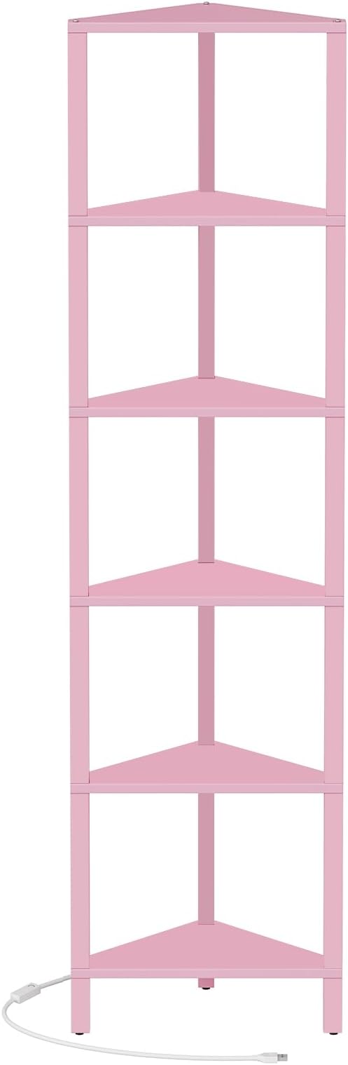 TUTOTAK Corner Shelf with LED Light, 6-Tier Corner Bookshelf for Small Space, Narrow Display Corner Shelf Stand with Storage Rack, for Living Room, Bedroom, Pink BS05BP006L
