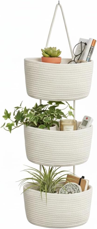 Britwicfr Over the Door Hanging Basket, Decorative Hanging Basket Storage, Organizing, Wall Basket Decorative Boho Decor for Nursery, Bedroom, Living Room with 4 Hooks, Whte