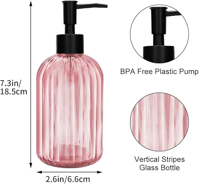 Pack of 2 Glass Soap Dispenser with Black Pump, 400 ml Refillable Pump Dispenser for Kitchen, Bathroom, Laundry Room, Liquid Glass Bottle for Washing Up Liquid, Shampoo, Conditioner (Pink)