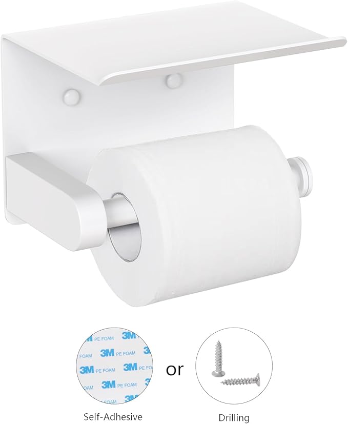 VAEHOLD Self Adhesive Toilet Paper Holder with Phone Shelf Stainless Steel Wall Mounted Toilet Paper Roll Holder - Bathroom Washroom Tissue Roll Holder with Storage Shelf - White