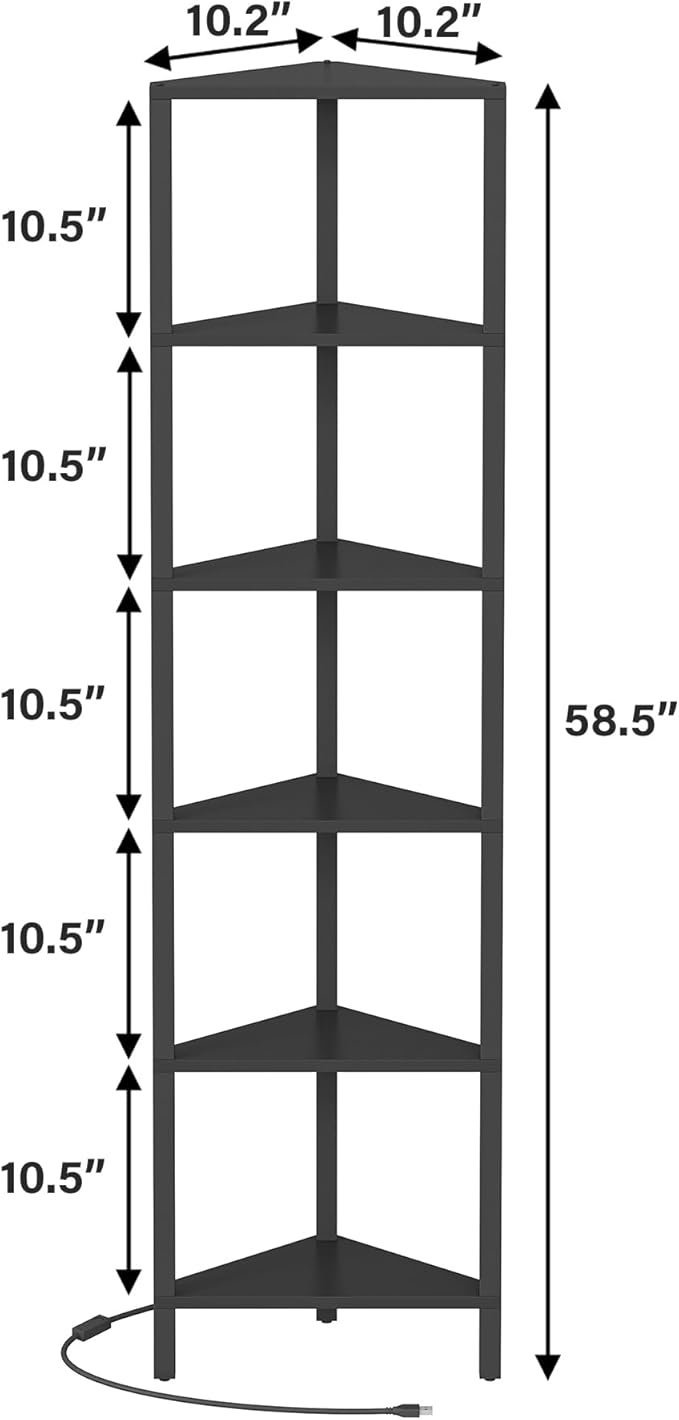 TUTOTAK Corner Shelf with LED Light, 6-Tier Corner Bookshelf for Small Space, Narrow Display Corner Shelf Stand with Storage Rack, for Living Room, Bedroom, Black BS05BK006L