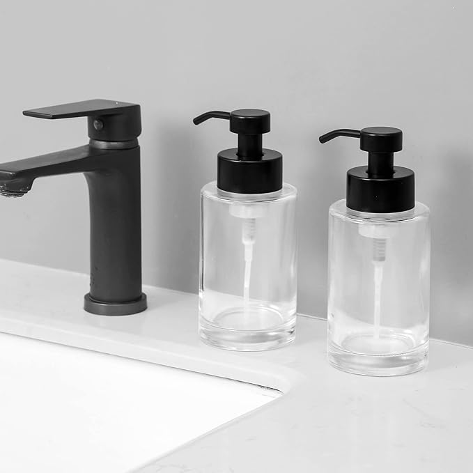 Foaming Soap Dispenser Set, 12 Oz Glass Hand Soap Dispenser with 304 Rust Proof Stainless Steel Pump, Waterproof Labels, for Bathroom Decor Kitchen College Dorm, Clear Black Pump 2 Pack