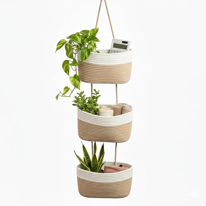 Britwicfr Hanging Wall Basket, Over the Door Hanging Basket with Hooks, 3-Tier Cotton Hanging Basket for Organizing, Decorative Boho Chic Decor for Wall, Bedroom, Living Room, Nursery, Whte & Jute