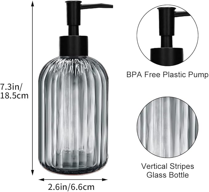 Pack of 2 Glass Soap Dispenser with Black Pump, 400 ml Refillable Pump Dispenser for Kitchen, Bathroom, Laundry Room, Liquid Glass Bottle for Washing Up Liquid, Shampoo, Conditioner (Gray)
