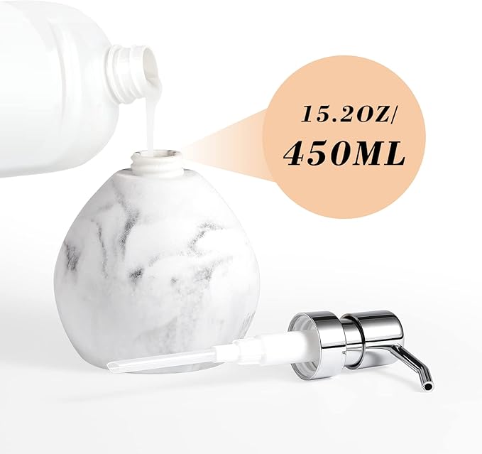 Luxspire Hand Soap Dispenser, 15.2 oz Marble Hand Lotion Bottle, Stainless Steel Pump Lotion Container, Refillable Liquid Hand Soap Jar, Resin Shower Dispensers for Bathroom, Kitchen, Marble White