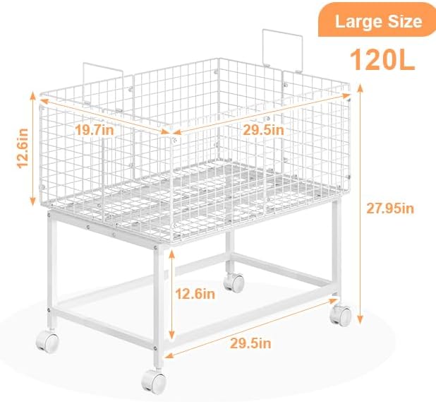 Large Rolling Laundry Basket Cart,Wire Laundry Hamper Cart with Handle and Wheels,White High Laundry Hamper for Laundry Room,Bedroom and Bathroom-120L White (29.5"L*19.7"W*27.95"H inch)