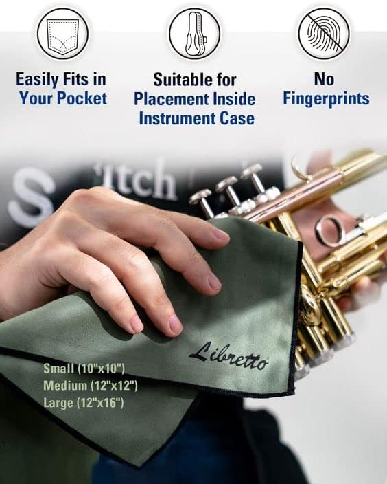 Libretto Microfiber Polish Cloth for Musical Instrument, 3 Sizes in 1 Pack, Trumpet and Brass Cleaning Product, Green, Lint-Free, Super Soft, Gift, for Piano, Violin, Guitar, Saxophone, Laptop.