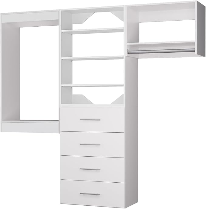 ROOMTEC Modular Closet System, 102" Wall Mounted Closet Organizer with Hanging Rods and Drawers, Modern Wooden Tower for Walk-In Closets, Wardrobe Storage Kit, White
