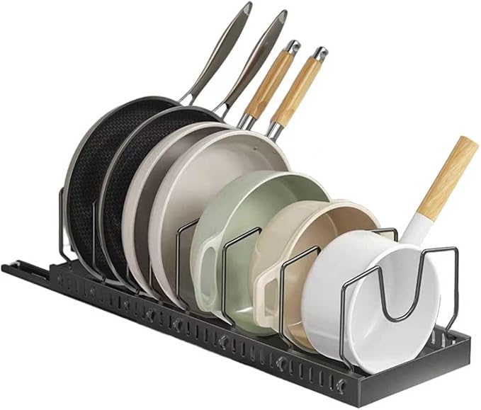 pots and pans organizer under cabinet,pot lid organizers inside cabinet holders for kitchen,Horizontal and vertical pulling modes,cast iron storage (Black Vertical pull-out)