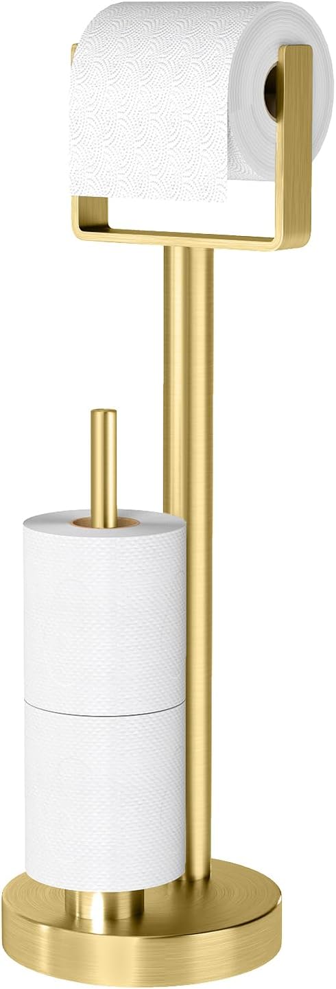 YUMORE Toilet Paper Holder Stand with Storage, Bathroom Weighted Base Floor Toilet Paper Roll Holder Free Standing for 3 Rolls, Gold