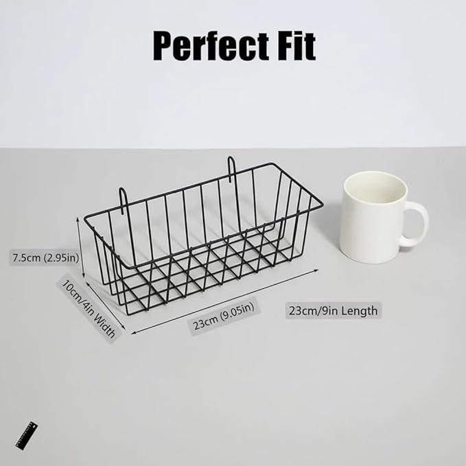10 PCS Grid Wall Baskets and Bins, No Drilling Small Hook Basket Set for Wall Grid Panel, Wire Storage Basket for Kitchen Bathroom Home Decor Supplies, Black