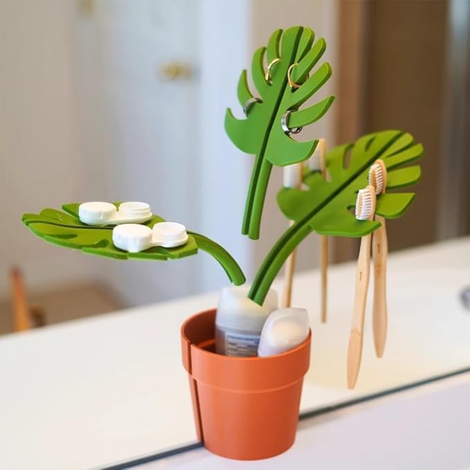 Artificial Monstera Leaf Mirror Plant Decor Set – Bathroom Toothbrush Holder Organizer – Faux Plant Pot with 3 Leaves – Home Countertop Decoration