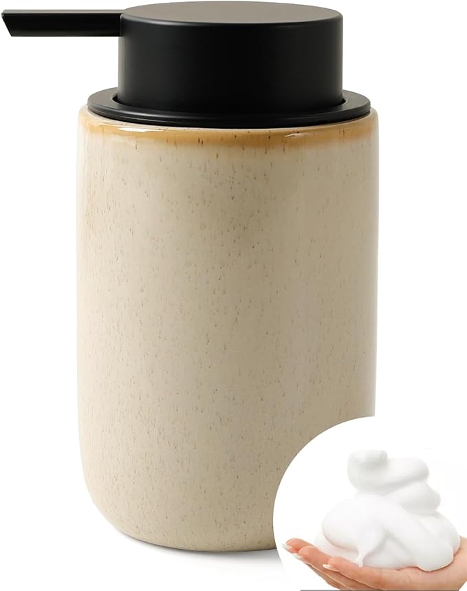 BosilunLife Foam Soap Dispenser - Ceramic Foaming Hand Dispenser for Bathroom Modern Farmhouse Small Soap Dispenser Hand Pump Dispenser for Kitchen Sink (Greige with Speckle, Foam Pump)