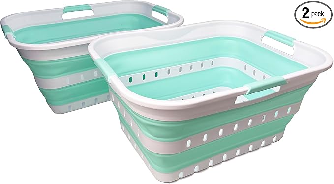 SAMMART 42L (11 gallons) Set of 2 Plastic Foldable Storage Basket/Container - Collapsible, Space Saving and Portable Laundry Hamper, Ideal for Home, Travel, Dorm (2, White/Light Green)