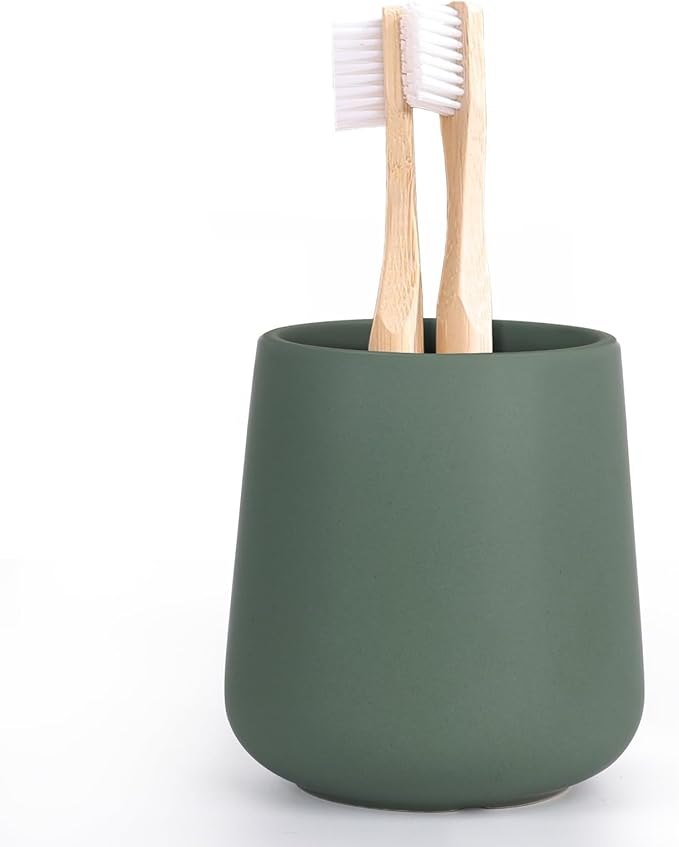 INGOFIN Ceramic Toothbrush Holder, 12 oz Bathroom Toothbrush Holder Ceramic Holder for Toothbrush, Toothpaste Holder and Cup, Matte Green