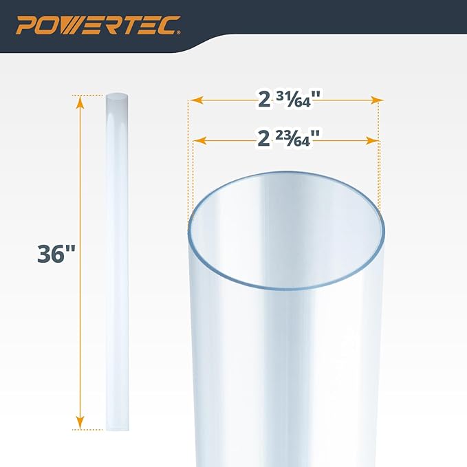 POWERTEC Clear PVC Pipe 2-1/2" x 36" Long, 4PK Rigid Plastic Tubing, Round Tube Compatible w/Dust Collection Fitting, for Woodworking Tool, Dust Collection System, Toy Cars and Bird Feeder (70176-P4)