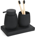 Black Bathroom Accessories Set, Modern 3 Pcs Bathroom Essentials - Soap Dispenser, Toothbrush Holder & Tray, Countertop Vanity Organizer (Black)