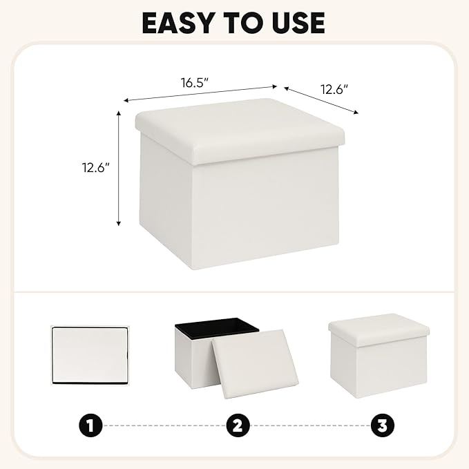 B FSOBEIIALEO Folding Storage Ottoman Cube Faux Leather Ottomans for Living Room, Bedroom, Home Office, Dorm Storage Footrest White 16.5"x12.6"x12.6"