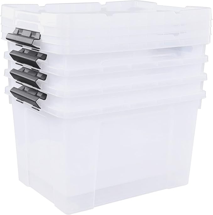 4-Pack Ultra Latching Box, Storage Bins wwith Wheels, Clear Plastic, 34 Quart Heavy-Duty Organizing Containers for Closet, Bathroom, and Office