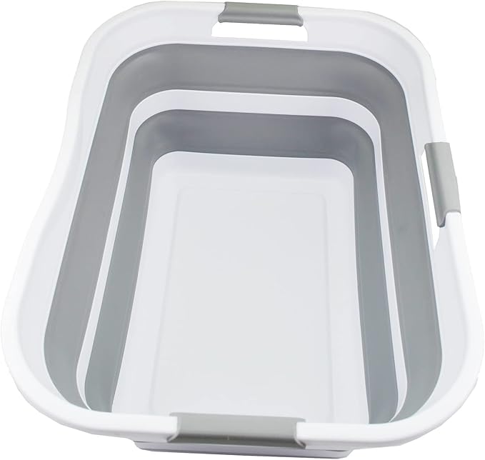 SAMMART 42 (11 Gallons) Collapsible Plastic Laundry Basket, Foldable Pop Up Storage Container/Organizer, Space Saving Hamper, Portable Bin for Dorm Room Bathroom (1, White/Grey)