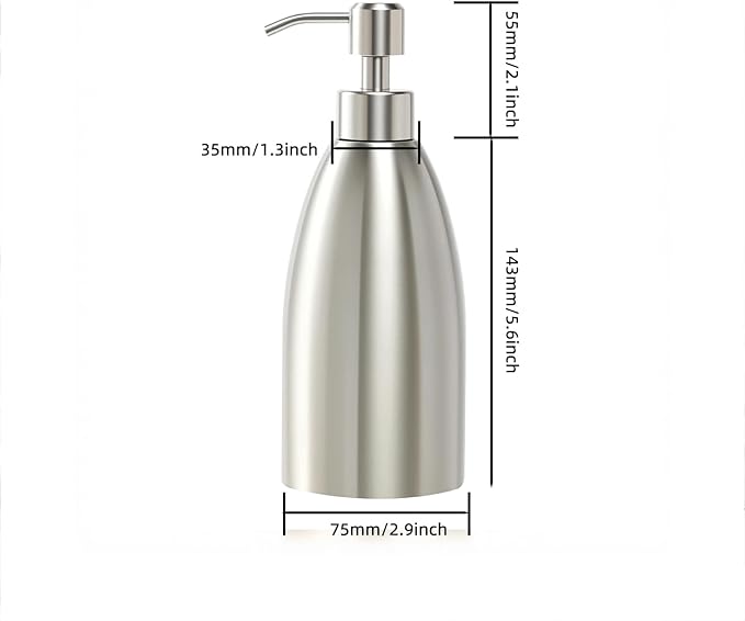 304 Stainless Steel Soap Dispenser 16oz Rust-Proof Liquid Soap Pump Bottle for Kitchen or Bathroom Countertop Hand Dish Lotion Leak-proof (Brushed Nickel)