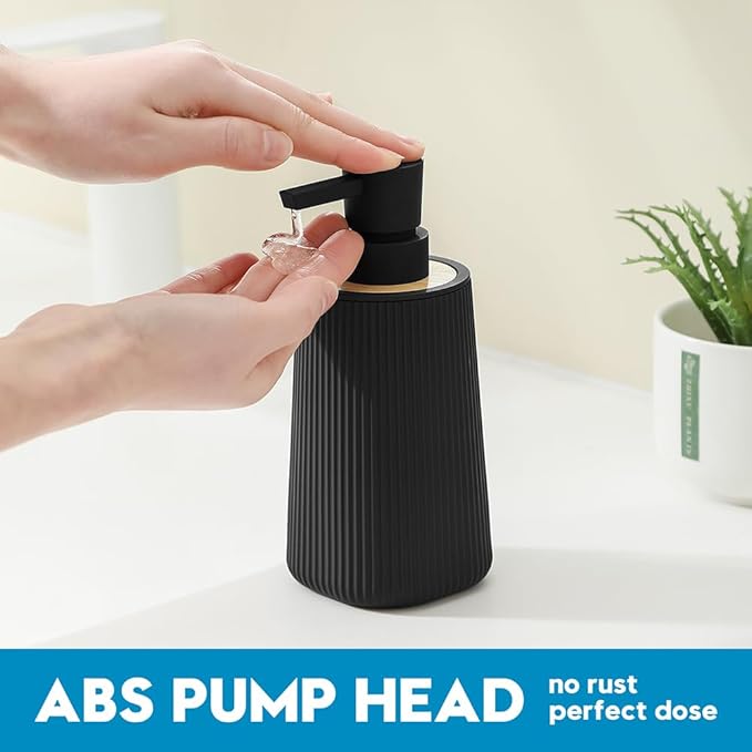 Small Soap Dispenser for Bathroom and Kitchen, Modern Farmhouse Striped Style Plastic Hand Soap Dish Soap Dispenser with Bamboo Decor Black