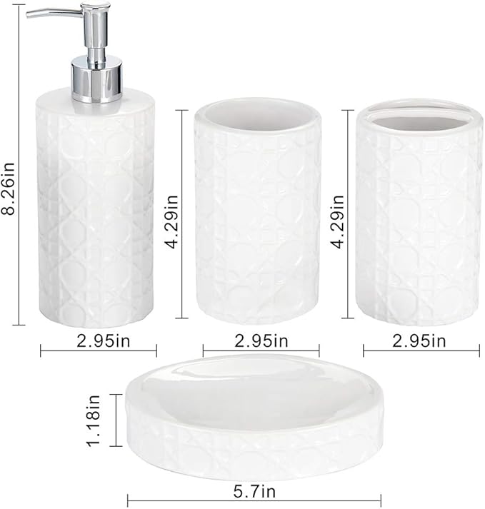 CAA'S Bathroom Accessories Set Ceramic 4 Pieces Bathroom Ensemble for Bath Decor Includes Lotion Dispenser Toothbrush Holder Tumbler Soap Dish (White Netting)