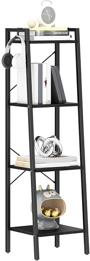 Ladder Shelf, Bookshelf Bookcase, Freestanding Corner Storage Shelve with 2 Hooks for Home Office, Living Room, Kitchen, Bedroom, Industrial, 11.8" D x 13.4" W x 47.2" H, Black BC13204B