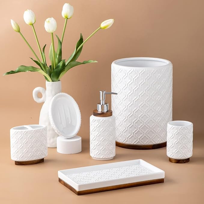 Bathroom Accessories Set 6 Pcs Toothbrush Holder Soap Dispenser Ceramic and Wood Bathroom Set with Trash Can Soap Dispenser Toothbrush Holder Tray Tumbler Soap Dish White