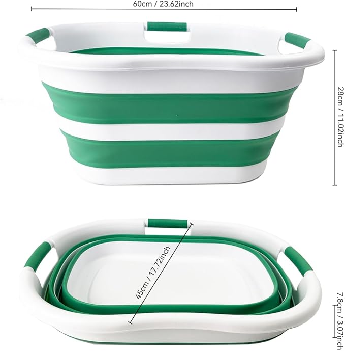 SAMMART 40L (10.5 gallon) Set of 2 Collapsible Plastic Laundry Hamper - Foldable Pop Up Storage Container/Organizer - Portable Washing Tub - Space Saving Basket (2, White/Winter Green)