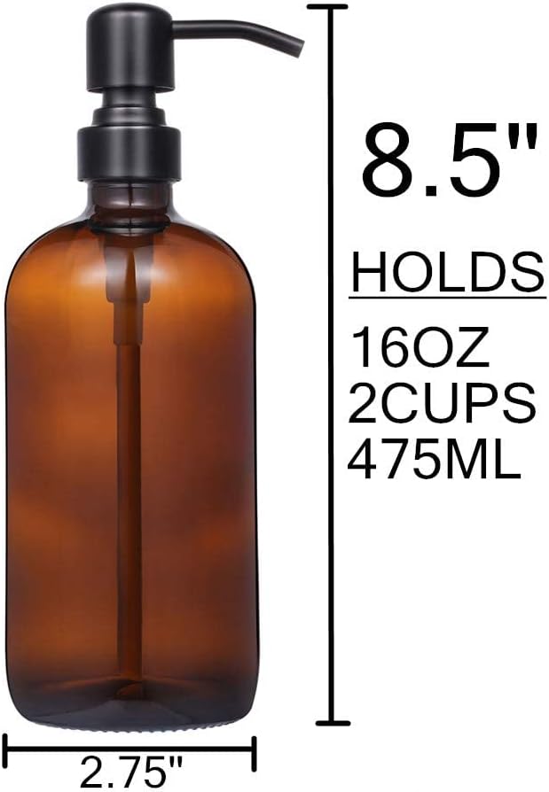 2 Pack Thick Amber Glass Pint Jar Soap Dispenser with Silver Stainless Steel Pump, 16ounce Boston Round Bottles Dispenser with Rustproof Pump for Essential Oil, Lotion Soap