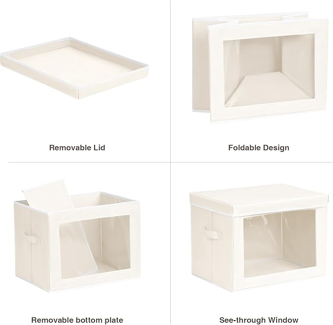 Storage Bins with Lids, 3 Pack Large Storage Cubes with Window, Closet Bins with Lids & Handles, Fabric Box for Organizing Clothes, Towels, Books, Beige