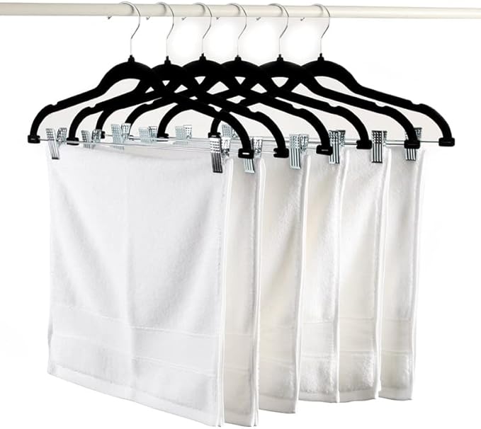 Velvet Pants Skirt Hangers with Clips - Pack of 30 Black Women Clothes Hanger Set with Clip for Pant Suit Shirt Felt Coat Dress, Premium Non Slip Heavy Duty Space Saving Slim Clothing, 16.7 Inch Long