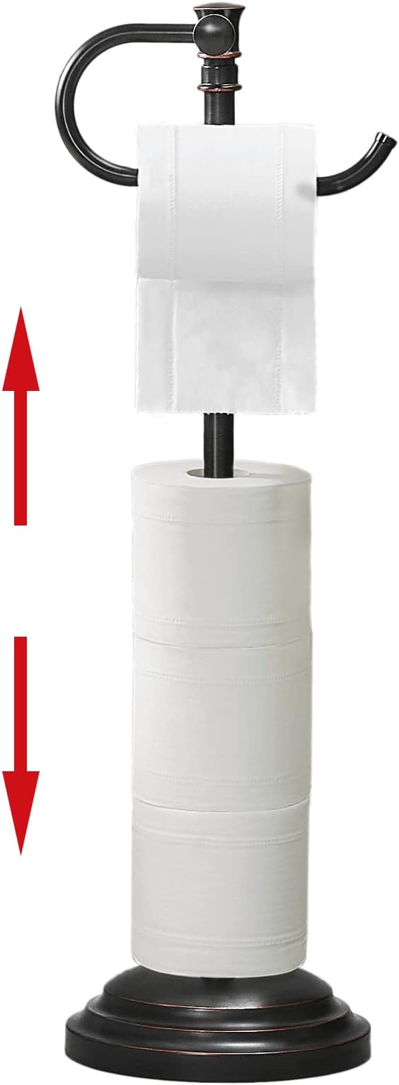 RUMOSE Toilet Paper Holder Stand for Floor, Oil Rubbed Bronze Adjustable (12.4" to 22.8") Bathroom Toilet Tissue Holder, Free Standing Toilet Paper Roll Holder with Storage, Stainless Steel