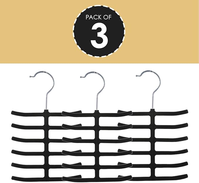 3-Pack Non-Slip Velvet Tie Hanger Organizer Rack by Home Basics | 360° Rotatable Hook | Holds 12 Ties Each | Versatile for Belts and Scarves | Slim Design
