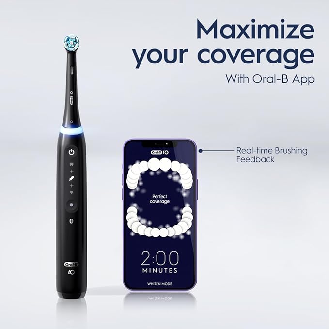 Oral-B iO Deep Clean + Whiten Rechargeable Electric Toothbrush with Visible Pressure Sensor, 2 Minute Timer, 5 Cleaning Settings, 1 iO5 Limited, 3 Toothbrush Heads, Travel Case & Refill Holder, White