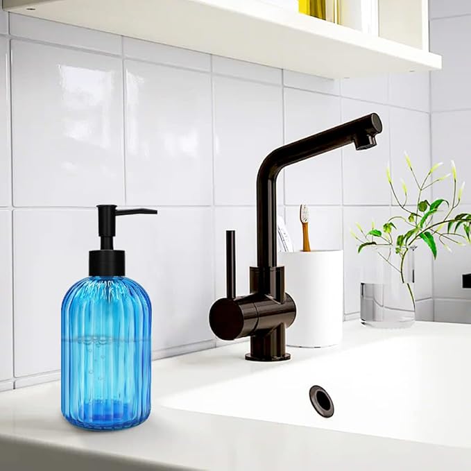 Pack of 2 Glass Soap Dispenser with Black Pump, 400 ml Refillable Pump Dispenser for Kitchen, Bathroom, Order, Laundry Room, Liquid Glass Bottle for Washing Up Liquid, Shampoo, Conditioner (Blue)