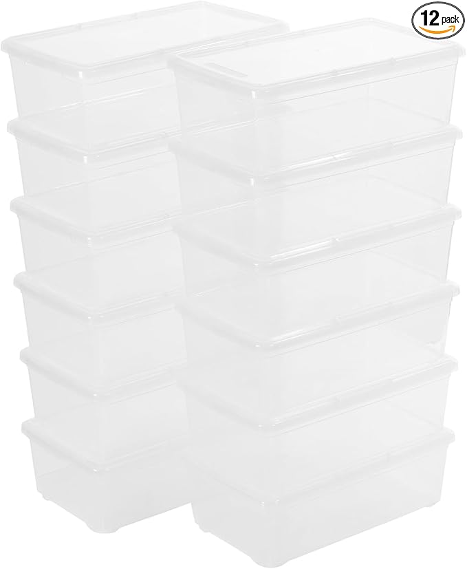 novelinks 12 Pack 6QT Plastic Storage Bins with Lids, Stackable Clear Containers with Latches, Durable Nestable Boxes for Office, Home, Garage, Shoes Organization