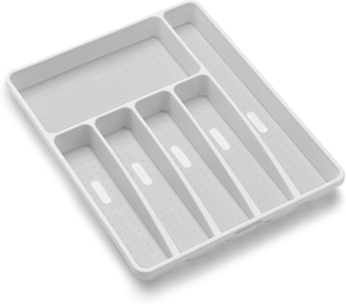 madesmart Premium Silverware Tray, 6 Compartment Flatware Organizer for Forks, Knives & Spoons,Non Slip, Soft Grip Lining, Durable Drawer Organizer, White