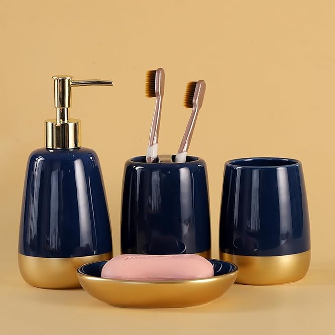Navy Blue Gold Luxury Bathroom Accessories Set 4 Pieces,Vanity Countertop Ceramic Accessory Set for Bathroom Decor with Soap Dispenser,Toothbrush Holder, Tumbler,Soap Dish (Navy Blue)