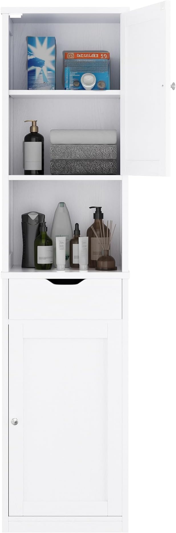 Walsunny Tall Bathroom Storage Cabinet with Freestanding Adjustable Shelves, Narrow Storage Linen Cabinet with 2 Doors and 1 Drawer for Bathroom, Living Room, Kitchen(White)